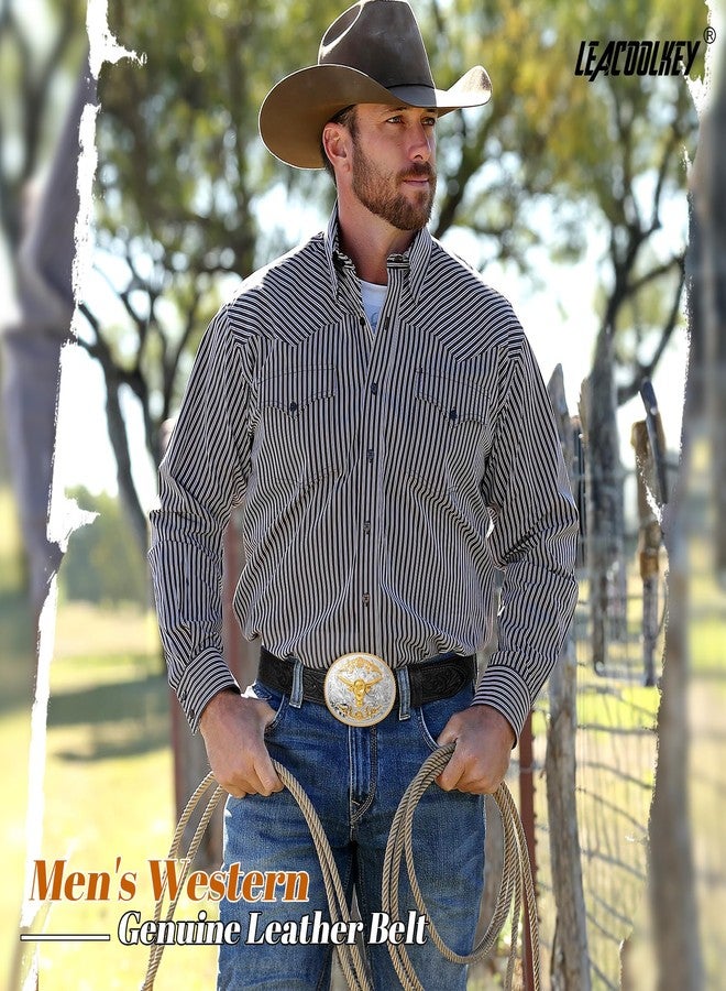 LEACOOLKEY Men's Leather Belt Western Cowboy Leather Belt for Jeans Pants Snap Belt with Detachable Buckle - Image 2
