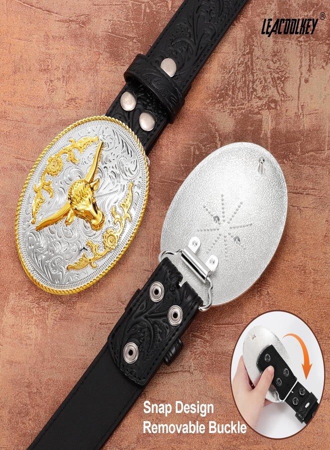 LEACOOLKEY Men's Leather Belt Western Cowboy Leather Belt for Jeans Pants Snap Belt with Detachable Buckle - Image 3