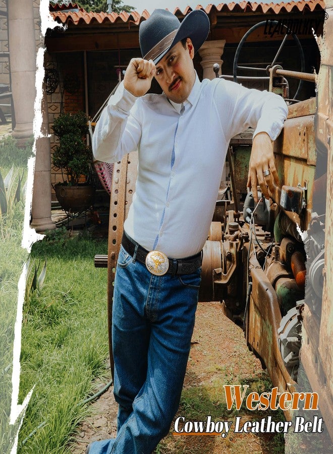 LEACOOLKEY Men's Leather Belt Western Cowboy Leather Belt for Jeans Pants Snap Belt with Detachable Buckle - Image 4