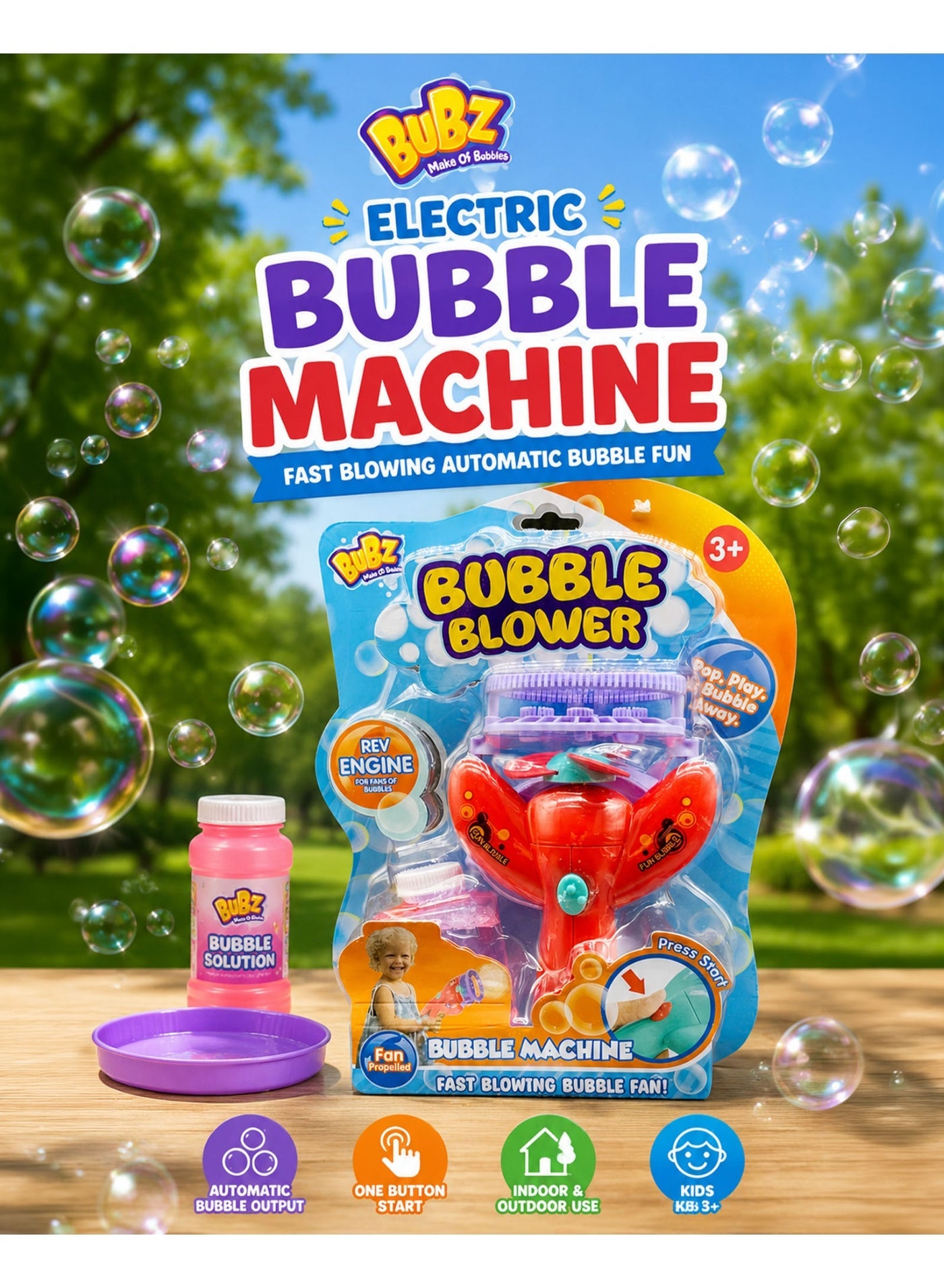 BUBZ Electric Automatic Bubble Machine for Kids High Output Continuous Bubble Blower Toy with Fan Powered Fast Bubble Stream, Portable Bubble Maker for Boys & Girls, Indoor Outdoor Summer Play, Birthday Party Fun Toy Age 3+ with Bubble Solution & Tray