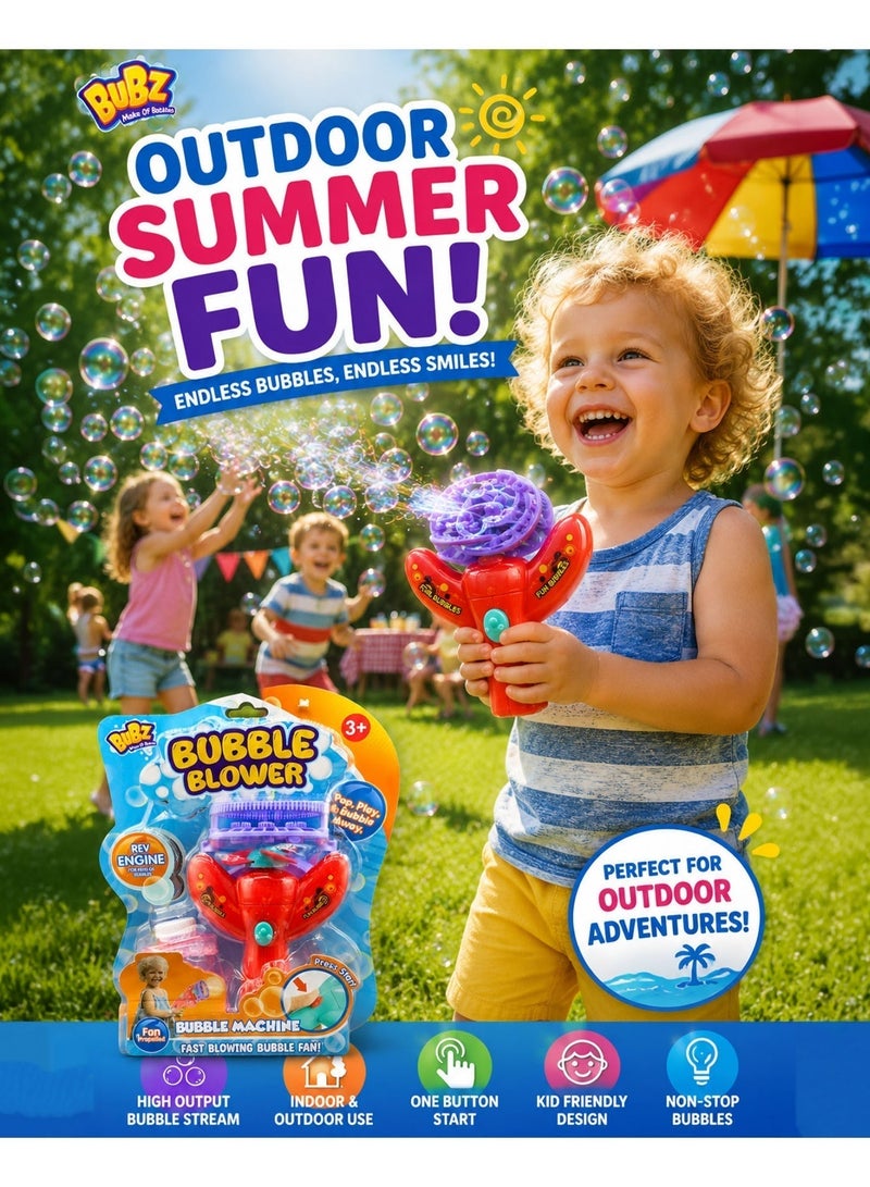 BUBZ Electric Automatic Bubble Machine for Kids High Output Continuous Bubble Blower Toy with Fan Powered Fast Bubble Stream, Portable Bubble Maker for Boys & Girls, Indoor Outdoor Summer Play, Birthday Party Fun Toy Age 3+ with Bubble Solution & Tray - Image 5