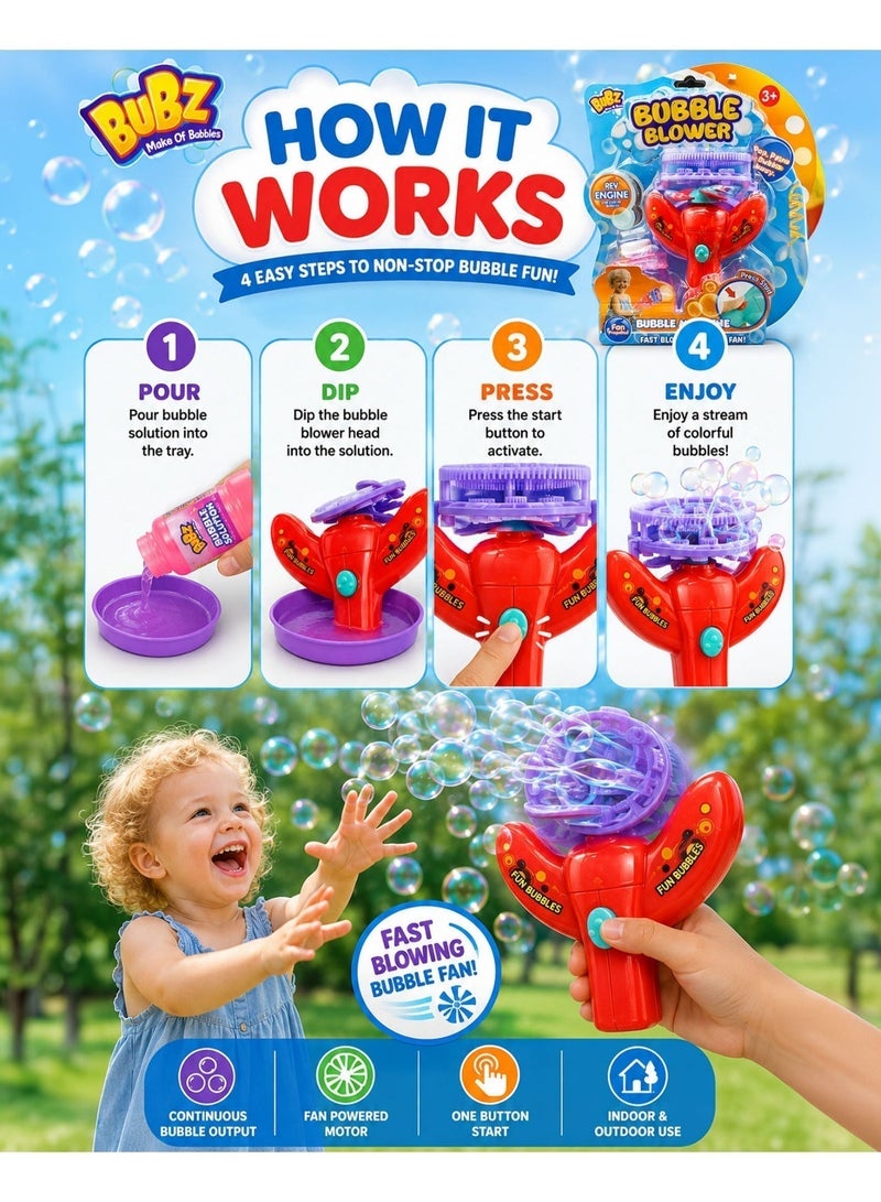 BUBZ Electric Automatic Bubble Machine for Kids High Output Continuous Bubble Blower Toy with Fan Powered Fast Bubble Stream, Portable Bubble Maker for Boys & Girls, Indoor Outdoor Summer Play, Birthday Party Fun Toy Age 3+ with Bubble Solution & Tray - Image 3