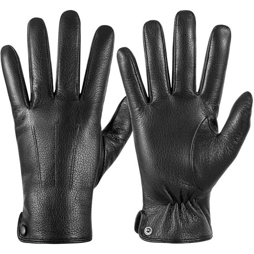 QOF Winter Genuine Leather Gloves for Men, Cashmere Warm Lined Finger Touchscreen Texting Driving Gloves - Image 1