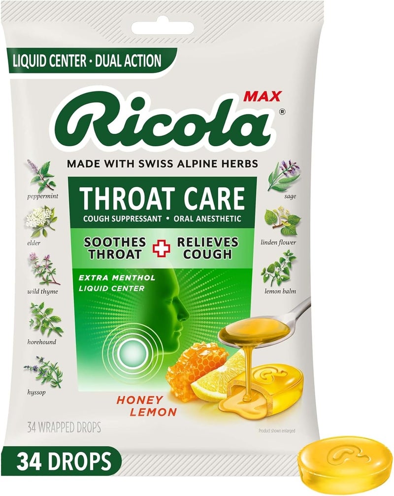 Ricola Ricola Max Honey Lemon Throat Care Large Bag | Cough Suppressant Drops | Dual Action Liquid Center | Soothing Long-Lasting Relief - 34 Count (Pack of 1)
