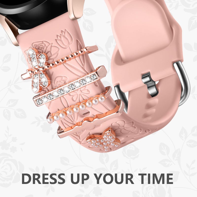 DaQin Flower Engraved Band Compatible with Samsung Galaxy Watch 7 Band/FE 6 5 4 40mm 44mm,Galaxy Active 2, 20mm Watch Band Soft Silicone Replacement Strap with Decorative Charms Accessories Women - Image 3