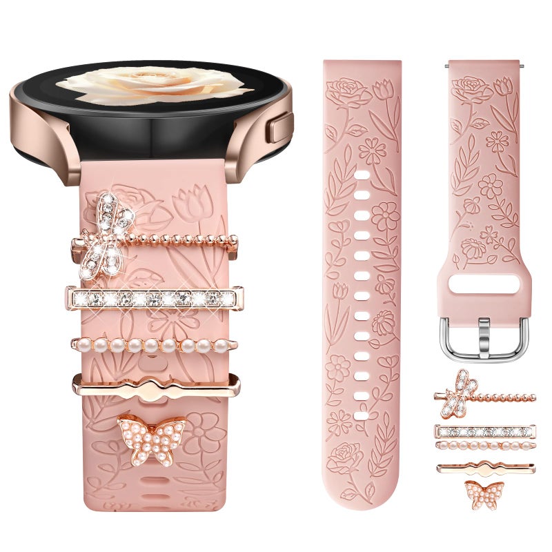 DaQin Flower Engraved Band Compatible with Samsung Galaxy Watch 7 Band/FE 6 5 4 40mm 44mm,Galaxy Active 2, 20mm Watch Band Soft Silicone Replacement Strap with Decorative Charms Accessories Women - Image 1
