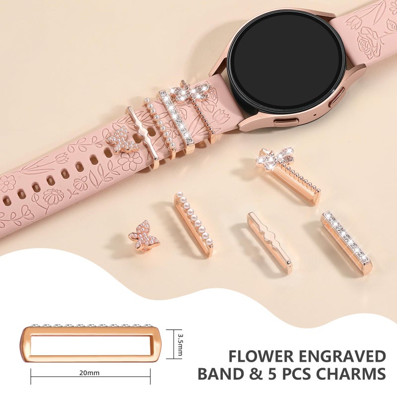 DaQin Flower Engraved Band Compatible with Samsung Galaxy Watch 7 Band/FE 6 5 4 40mm 44mm,Galaxy Active 2, 20mm Watch Band Soft Silicone Replacement Strap with Decorative Charms Accessories Women - Image 5