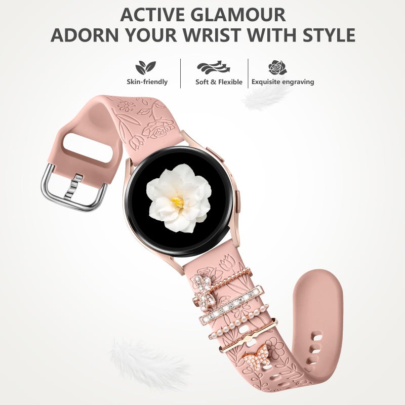 DaQin Flower Engraved Band Compatible with Samsung Galaxy Watch 7 Band/FE 6 5 4 40mm 44mm,Galaxy Active 2, 20mm Watch Band Soft Silicone Replacement Strap with Decorative Charms Accessories Women - Image 4