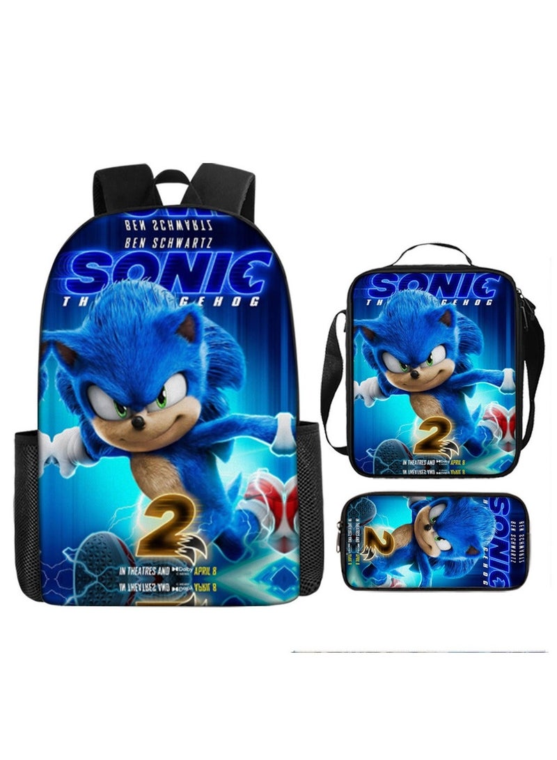 Sonic Primary School Backpack Cartoon Anime Backpack Messenger Bag Pencil Case Three-Piece Set 29*16*42cm