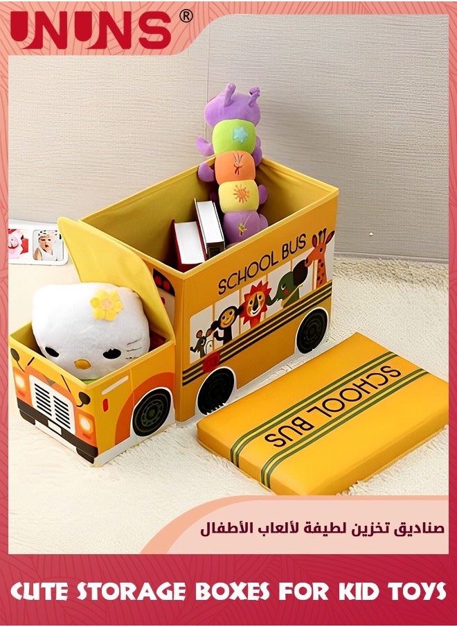UNUNS Lidded Storage Bin,Kids Toy Chest,Storage Trunk For Books Clothes Toy Snacks,Foldable Organizer Box,Multi-Use Basket Storage Box For Home Nursery Office-Animal Pattern School Bus 55X30X25cm  - Image 1