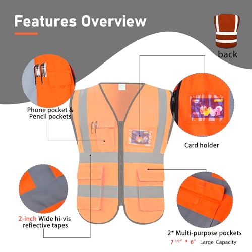 Lehueos High Visibility Vest Safety Vest with Pockets and Zipper Meets ANSI/ISEA Standard (1, Orange-Red, Large) - Image 3