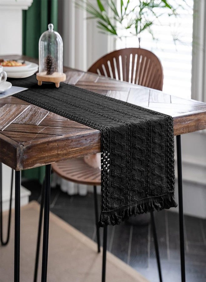 Alynsehom Macrame Table Runner Pure Black Boho Table Runners with Tassels Hand Woven Cotton Table Runner Rustic Farmhouse Table Runners for Bohemian Kitchen Dining Table(12x36in) - Image 3