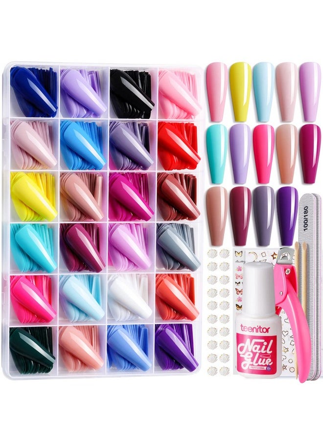 Teenitor - Teenitor Full Cover Color Press On Coffin Nails, 576pcs Fake Nail Tips in 24 Colors, Glue On Long Ballerina False Nails - Image 1