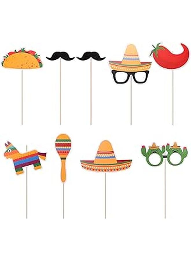 Mexican Fiesta Photo Booth Props Set 9Pcs Hat and Mustache Handheld Cutouts for Party Decorations - Image 1
