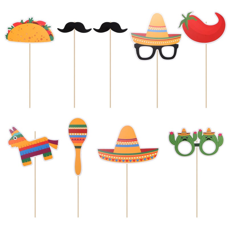 Mexican Fiesta Photo Booth Props Set 9Pcs Hat and Mustache Handheld Cutouts for Party Decorations - Image 2