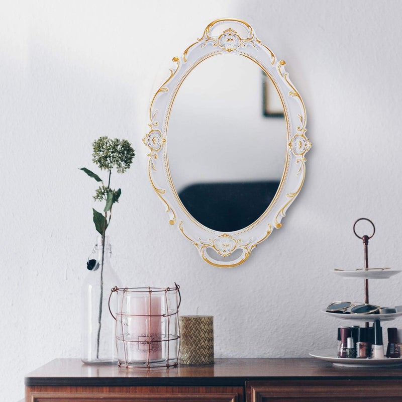 OMIRO Decorative Wall Mirror, Vintage Carved Hanging Mirrors for Bedroom Living-Room Dresser Decor, Oval Antique White 10" W x 15" L, Pack of 2 - Image 5