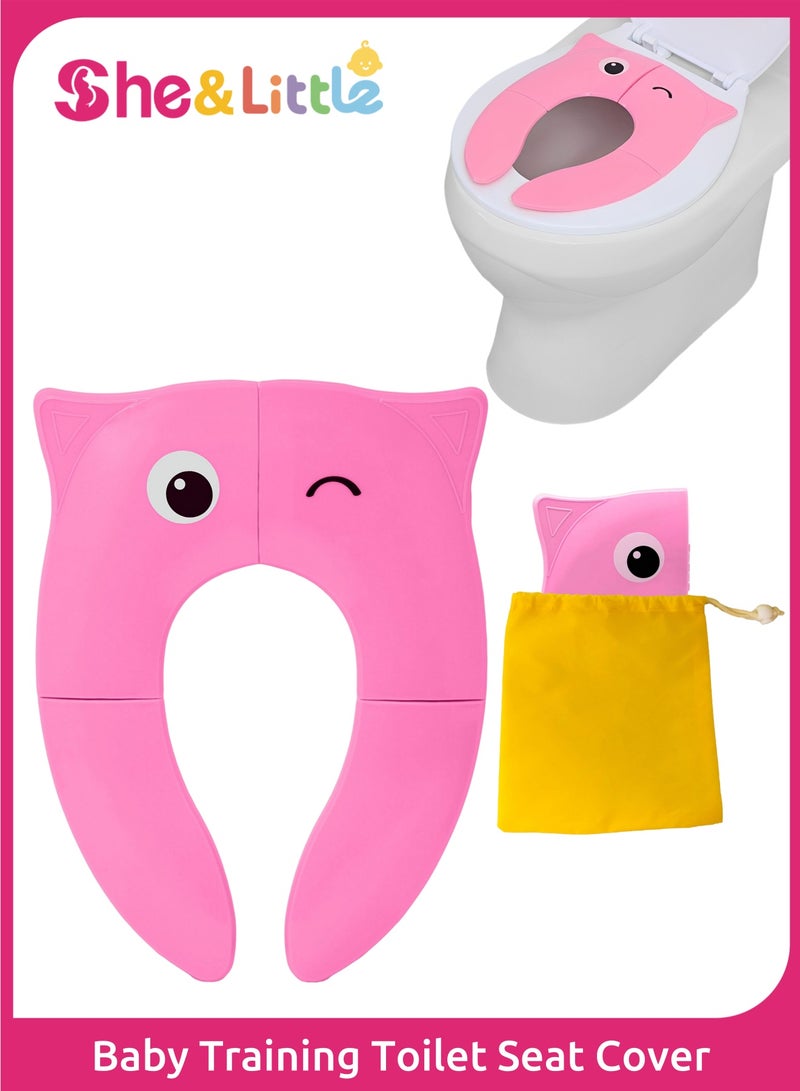 She&Little Foldable Kids Toilet Training Seat, Non-slip Portable Toddler Potty Seat with Anti-slip Pads and Storage Bag (Pink Owl Design) - Image 1