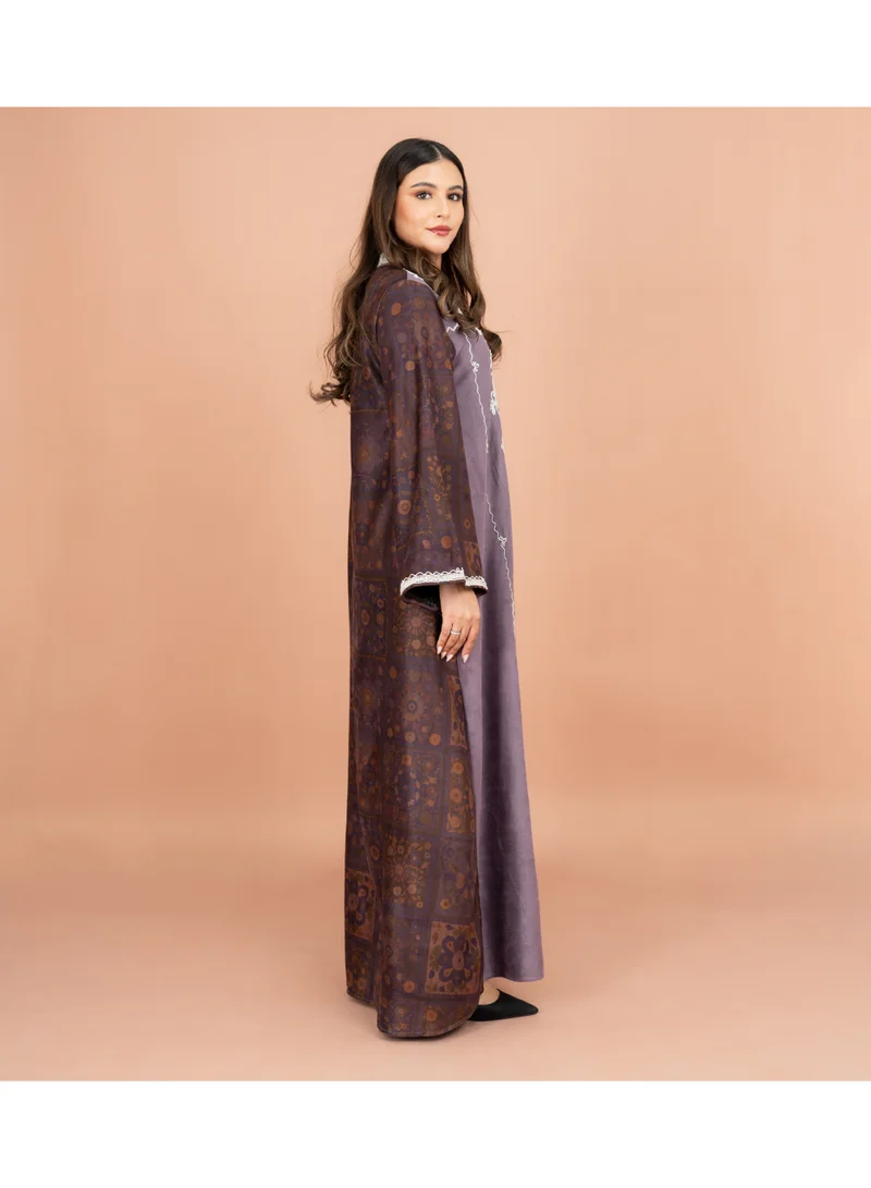 IKKXA Mandarin Colar White Embroidery Winter Straight Cut Jalabiya IK1068 Violet