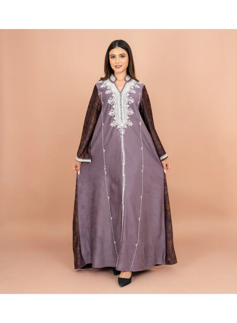IKKXA Mandarin Colar White Embroidery Winter Straight Cut Jalabiya IK1068 Violet