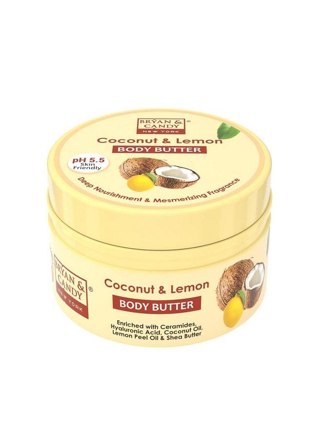 BRYAN & CANDY Coconut & Lemon Body Butter Ph 5.5 For 72Hrs Moisturization. Enriched With Ceramides Hyaluronic Acid Virgin Coconut Oil & Shea Butter; Nonsticky Moisturizer For Women & Men(200Gm)  - Image 1