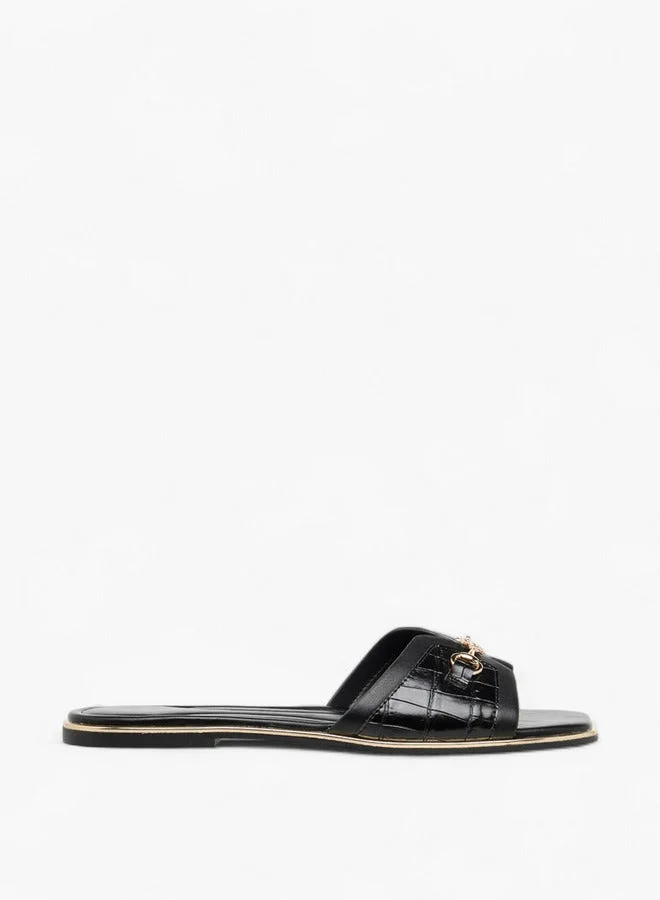 Solid Slip-On Flat Sandals with Metal Accent