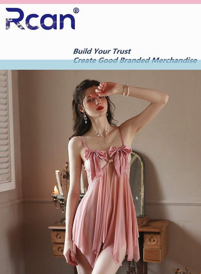 Rcan Lingerie for Women's Babydoll Backless Sling Cute Bowknot Dress Sleepwear Brief Set Pink