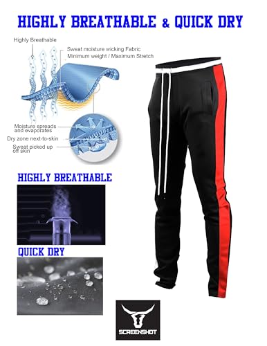 SCREENSHOT Men's Athletic Fitness Slim Fit Workout Track Pants BASIC S41700-Black/Red-XLarge - Image 2