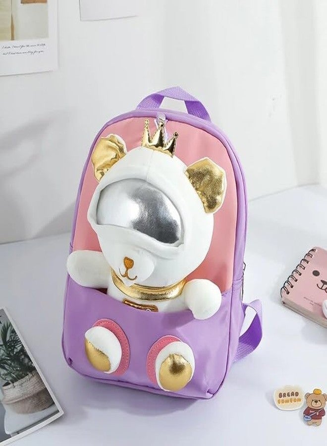 AGC Backpack With Cartoon Space Bear Stuffed Soft Toy (Detachable) Baby Kids for Girls & Boys Gift Backpacks for 3-5 Years Old Child (Small) (Pack Of 1) (Purple,Pink) - Image 2
