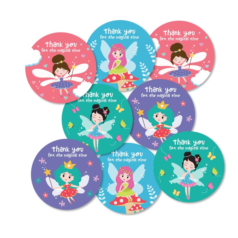 weRevel Fairy Theme Thank You for A Magical Time Party Stickers, 40 Count, 2 Inches, Round, 4 Unique Designs - Image 5