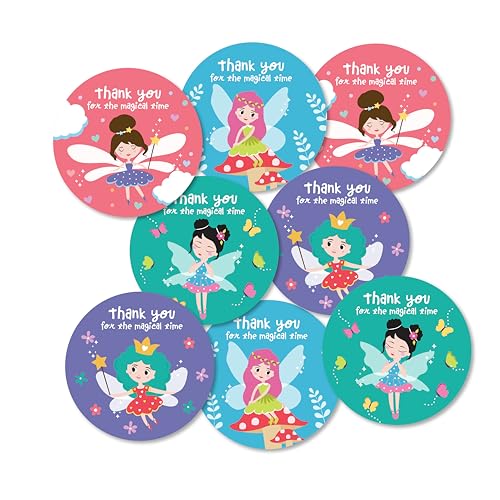 weRevel Fairy Theme Thank You for A Magical Time Party Stickers, 40 Count, 2 Inches, Round, 4 Unique Designs - Image 1