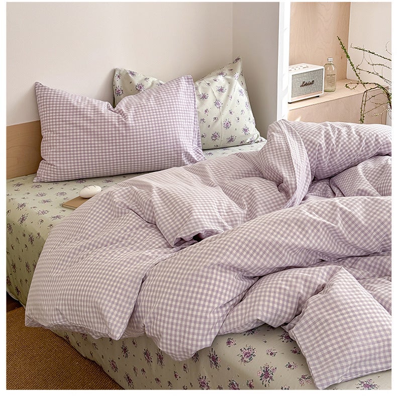 Candy Pink Grid Bedding Set - 4 Pieces, Soft & Skin-Friendly, All-Season Pattern - Image 3