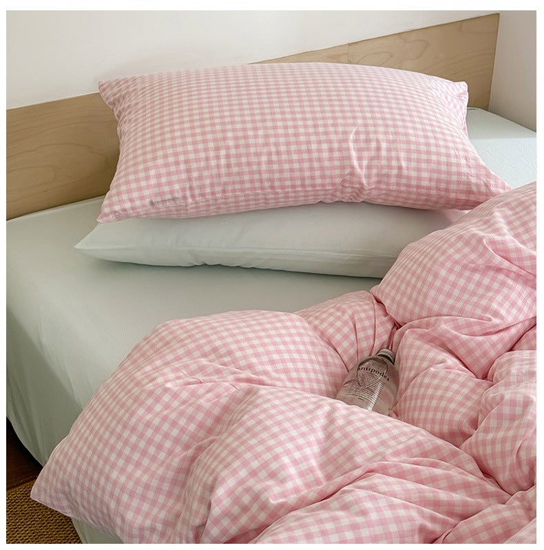 Candy Pink Grid Bedding Set - 4 Pieces, Soft & Skin-Friendly, All-Season Pattern - Image 5