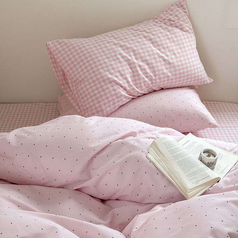 Candy Pink Grid Bedding Set - 4 Pieces, Soft & Skin-Friendly, All-Season Pattern - Image 1