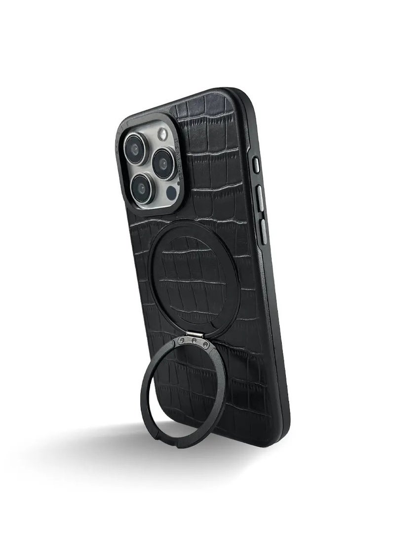 A-CASE Javan Pro Series Genuine Leather Hard PC cover material Compatible with iPhone 15 Pro Max Kickstand foldable holder - Black  - Image 2