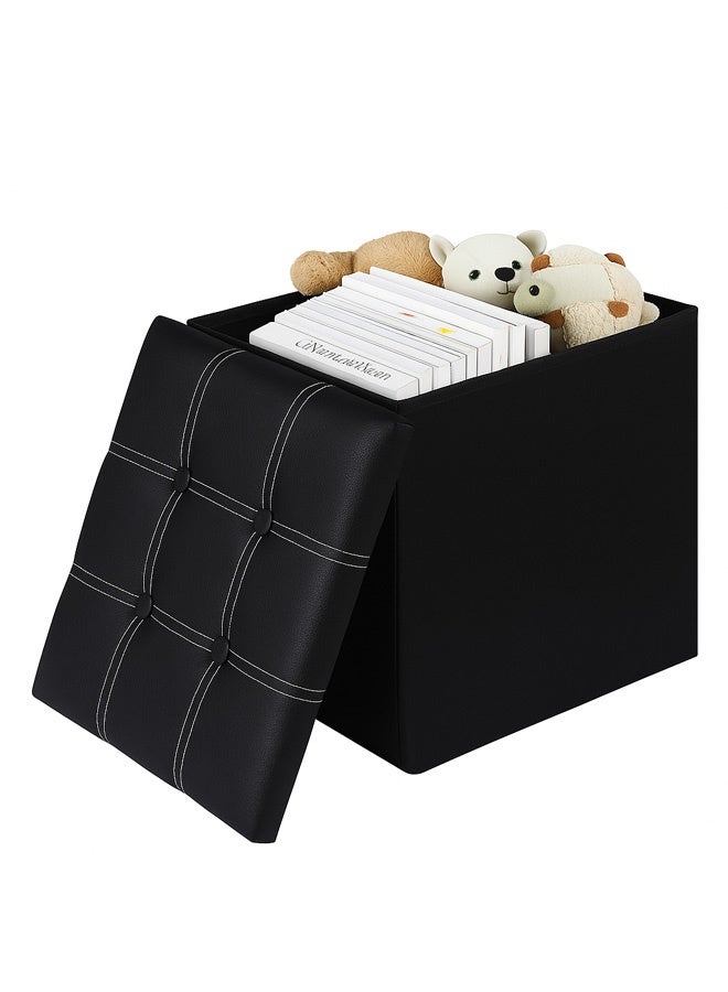 FUMES Foldable Ottoman Storage Black Leather Look Seat with Padded Lid and Hidden Compartment  - Image 5
