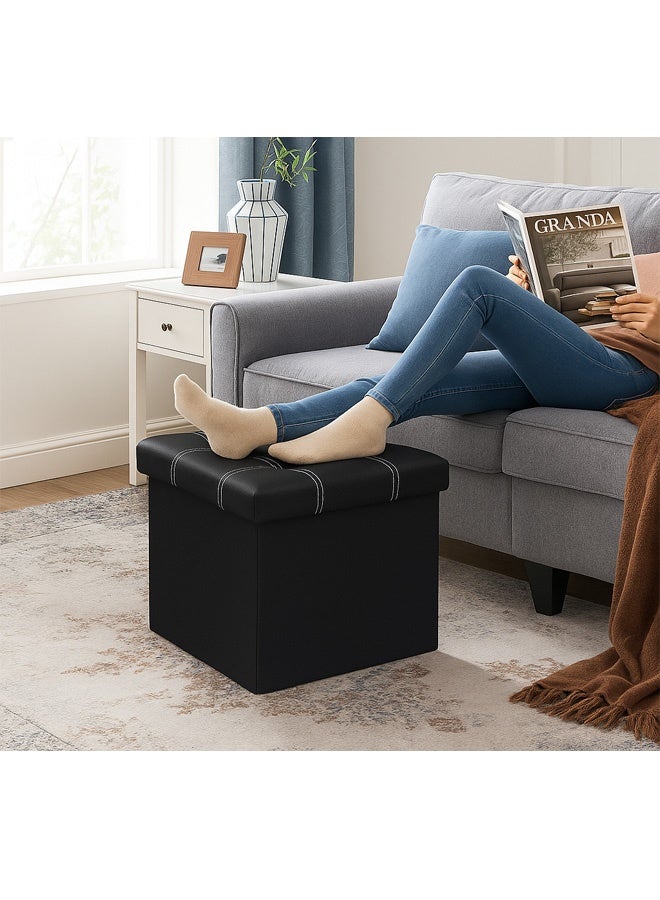 FUMES Foldable Ottoman Storage Black Leather Look Seat with Padded Lid and Hidden Compartment  - Image 3