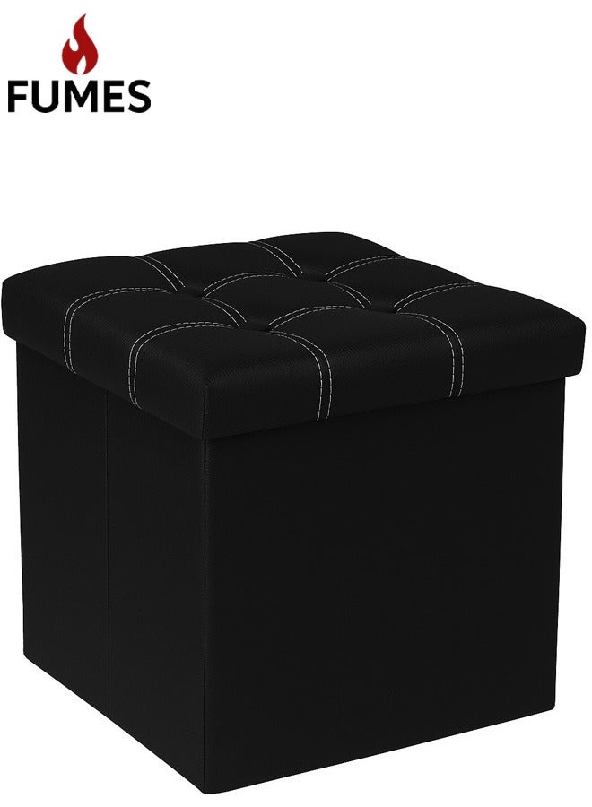 FUMES Foldable Ottoman Storage Black Leather Look Seat with Padded Lid and Hidden Compartment  - Image 1