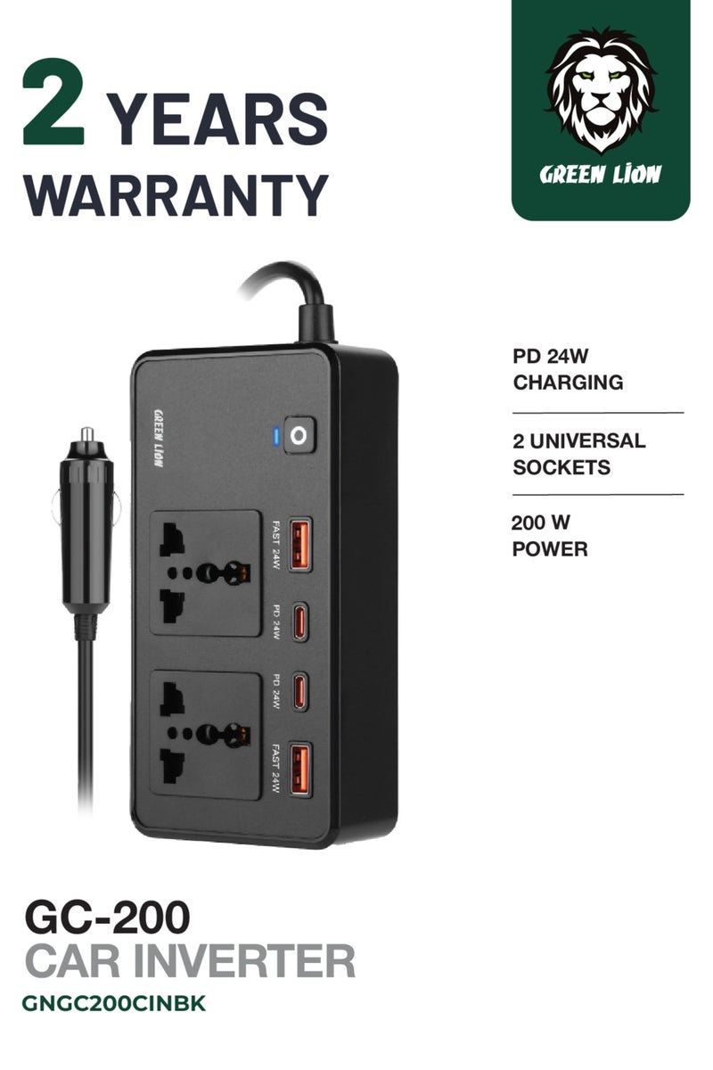 GREEN LION Green Lion GC-200 Car Inverter PD 24W Charging / 2 Universal Sockets / QC 3 Charging / 2 USB-A Ports / Flame Retardant - Black - Image 1