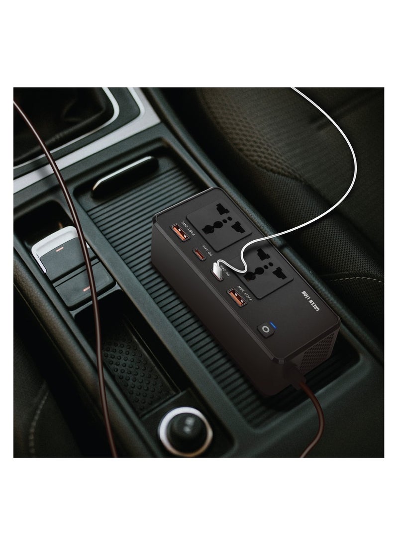 GREEN LION Green Lion GC-200 Car Inverter PD 24W Charging / 2 Universal Sockets / QC 3 Charging / 2 USB-A Ports / Flame Retardant - Black  - Image 2