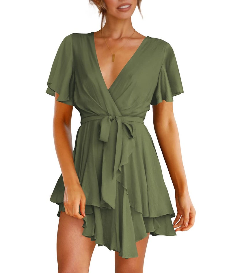 Cosonsen Womens Short Dress Deep V-Neck Tie Waist Summer Casual Dresses Green XS - Image 1