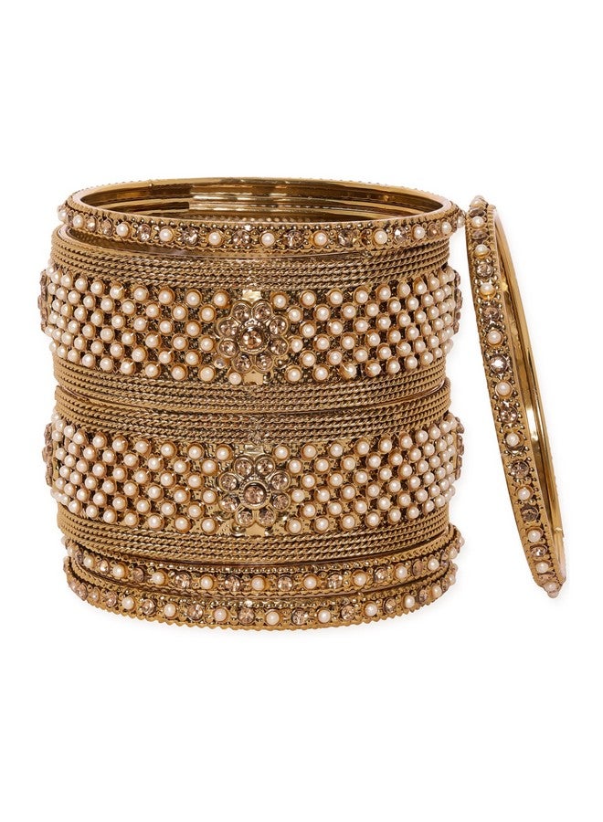 Rubans Set Of 6 Gold Plated Pearl-Beaded Antiques Bangles For Women - Image 1