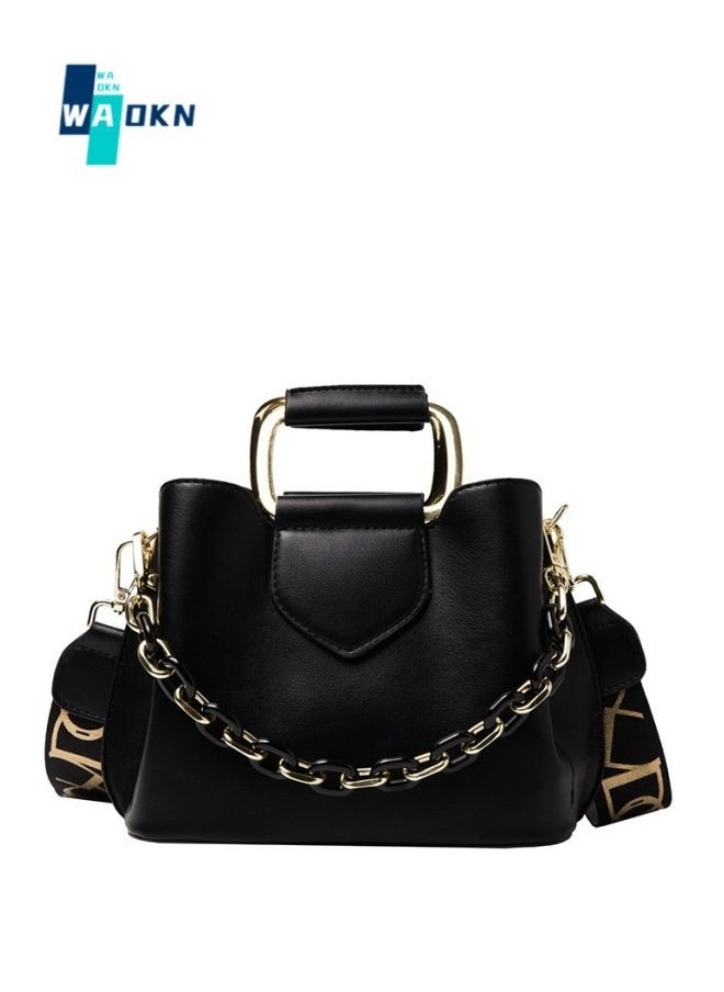 WAOKN - Women's Stylish Three-tier Shoulder Bag, Ladies Simple Chain Tote Bag Handbag Clutch Bag Carrying Bag, Textured Decoration Commuter Crossbody Bag Sling Bag Side Bag(Black) - Image 1