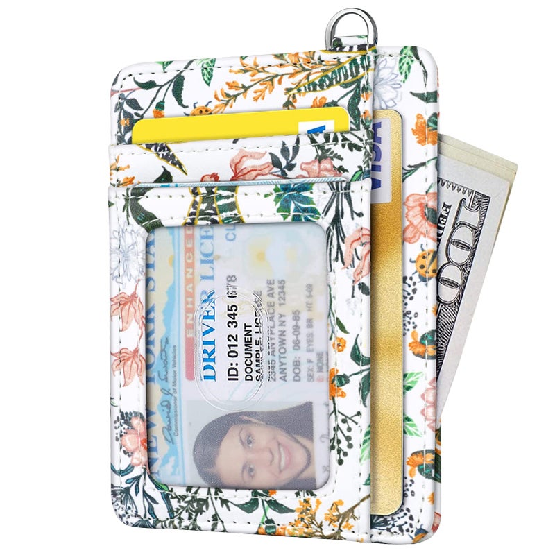 Coco Rossi Slim Front Pocket Wallet RFID ID Card Holder Cute Small Wallet with Keychian for Women,White Flowers - Image 2