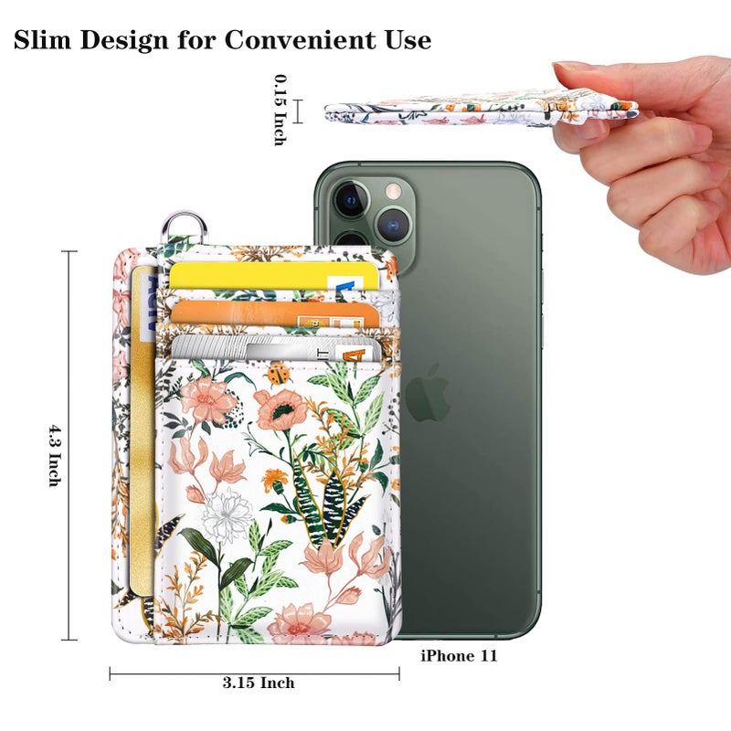 Coco Rossi Slim Front Pocket Wallet RFID ID Card Holder Cute Small Wallet with Keychian for Women,White Flowers - Image 5