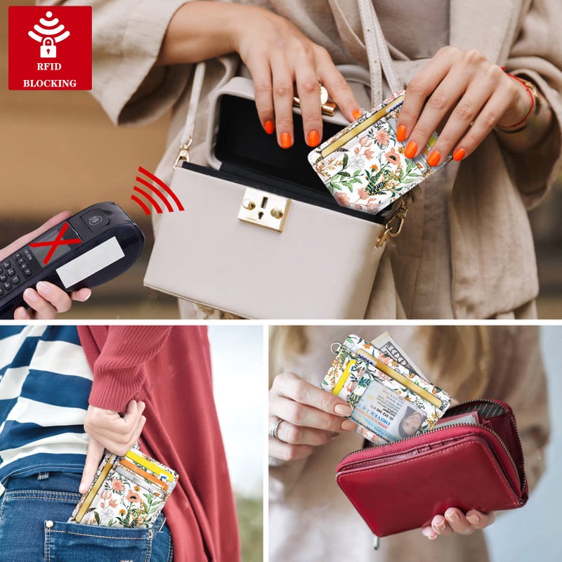 Coco Rossi Slim Front Pocket Wallet RFID ID Card Holder Cute Small Wallet with Keychian for Women,White Flowers - Image 4