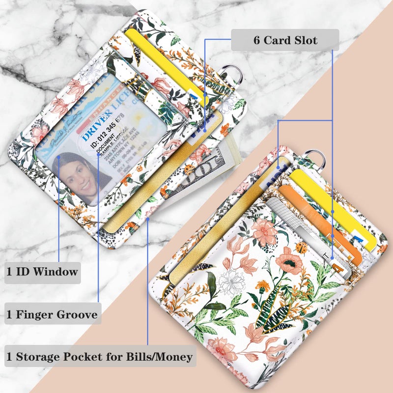 Coco Rossi Slim Front Pocket Wallet RFID ID Card Holder Cute Small Wallet with Keychian for Women,White Flowers - Image 3