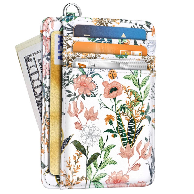 Coco Rossi Slim Front Pocket Wallet RFID ID Card Holder Cute Small Wallet with Keychian for Women,White Flowers - Image 1