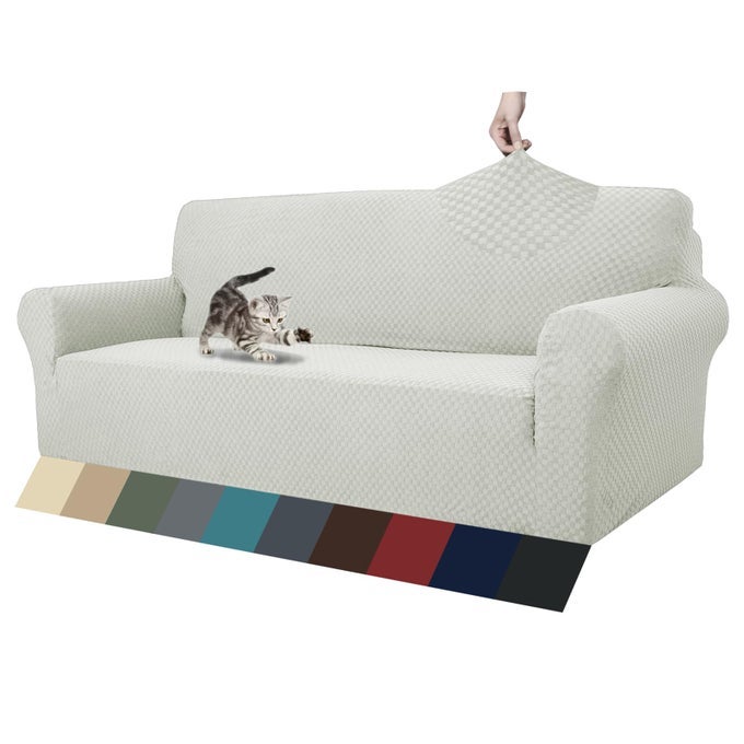 1 PIECE JACQUARD COUCH COVERS FOR 3 CUSHION COUCH HIGH STRETCH SOFA COVER FOR PETS DOGS ANTI SLIP EXTRA LARGE SOFA SLIPCOVERS FURNITURE PROTECTOR XLARGE IVORY