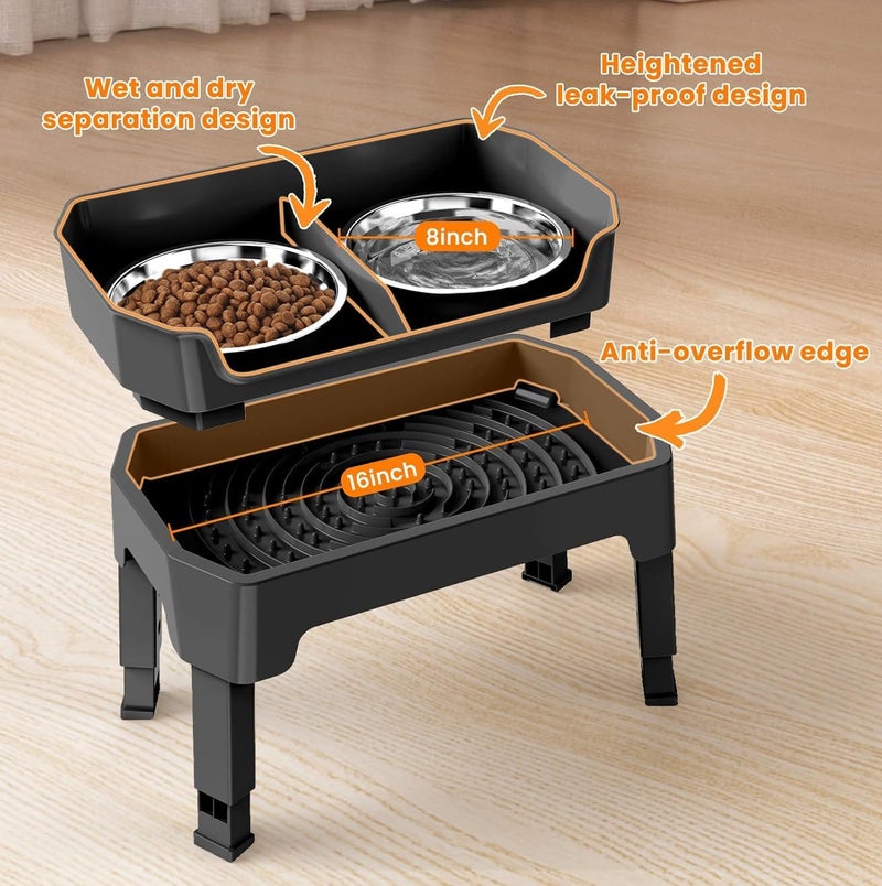 L&E Global flexible sizing options 3-in-1 Elevated Dog Bowls Mess Proof Raised Slow Feeder Dog Bowls, 4 Height Adjustable Bowl Stand Licking Plate with 2 56oz Stainless Steel Dog Food Bowls for Small Medium Large Dogs Pets Cross-location transit friendly build - Image 3