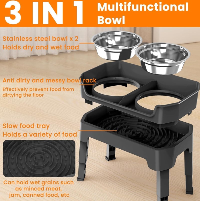 L&E Global flexible sizing options 3-in-1 Elevated Dog Bowls Mess Proof Raised Slow Feeder Dog Bowls, 4 Height Adjustable Bowl Stand Licking Plate with 2 56oz Stainless Steel Dog Food Bowls for Small Medium Large Dogs Pets Cross-location transit friendly build - Image 2